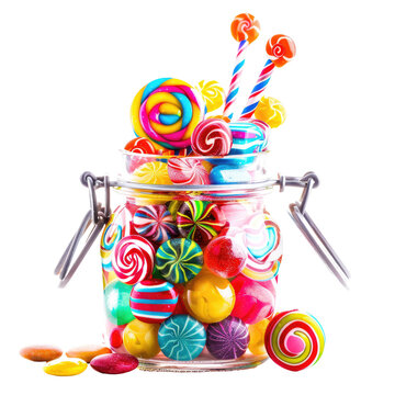 Colorful candy jar overflowing with lollipops and round candies