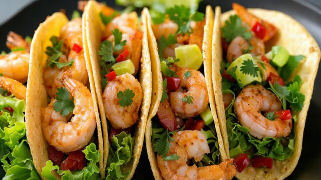 Flavorful shrimp tacos filled with avocado, lettuce, and herbs, garnished with lime.