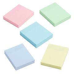 Five pastel sticky notes (pink, mint, blue, lavender, yellow) neatly arranged on a transparent background in a shadowless, top-down studio shot, clean commercial aesthetic for product photography