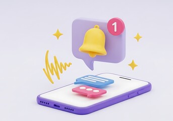 3d smartphone displaying a notification with a bell and message icon