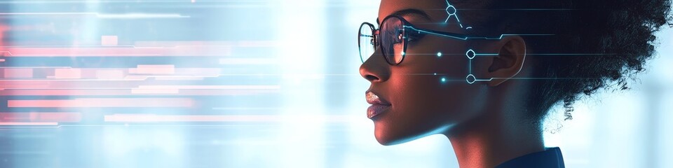 AI cybersecurity threat illustration, black African American IT specialist analyzing artificial intelligence data to protect sensitive information, with copy space, Generative AI
