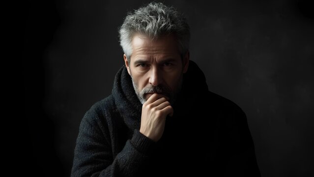 Contemplative man in dark hoodie studio setting portrait photography dramatic lighting introspective mood