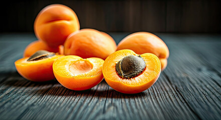 Ripe Orange Apricot Fruit on Dark Wooden Surface