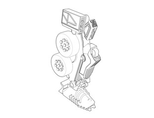 Futuristic Transforming Robot Leg Wireframe Outline - Detailed Mechanical Design Blueprint of Humanoid Action Figure's Multi-Mode Cybernetic Limb with Truck Trailer Wheels