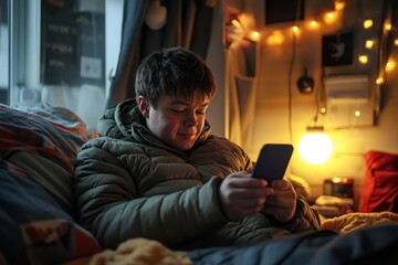 Young man with Down syndrome sitting in bed, looking at his smartphone during his morning routine. This image highlights the daily activities and independence of individuals, Generative AI