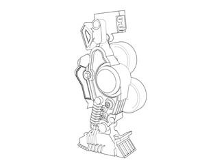 Advanced Sci-Fi Robot Leg Blueprint: Detailed Wireframe Outline of a Futuristic Mechanical Foot, Monochrome Technical Drawing and Engineering Schematic for Bionic Robotics Technology Innovation.