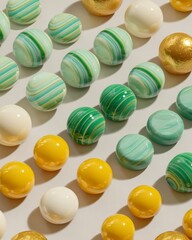 Rows of colorful, round, glossy candies