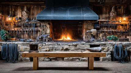 Rustic blacksmith workshop with glowing forge and tools on stone walls