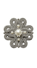 Meticulously crafted soutache textile art with intricate metallic threads and a luminous white pearl bead, against a clean white background, top-down view, macro lens effect, concept of intricate