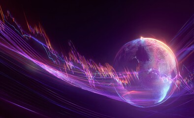 Global market trends visualized by a glowing Earth surrounded by dynamic, colorful stock charts