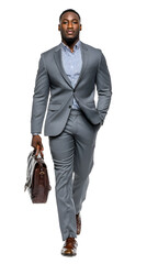 Portrait of a Confident Black Businessman Walking in a Grey Suit Carrying a Brown Leather Briefcase Against a Neutral Background Studio Shot
