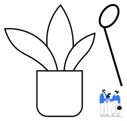 Plant with bold leaves in a pot, magnifying glass for analysis, two professionals collaborating. Ideal for research, growth, business strategy, partnership, teamwork, analysis and collaboration