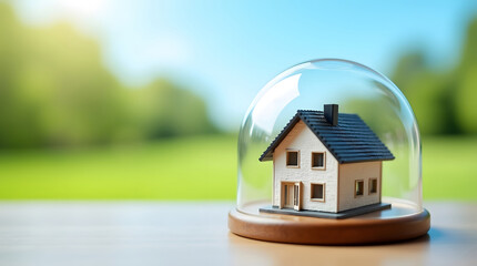 Toy house under a glass dome on a wooden surface. Protection, security, or insurance concept.