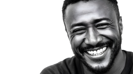 Portrait of a Happy Black and White Smiling Man with Bright Teeth Showing Joyful Expression Against a Black Background