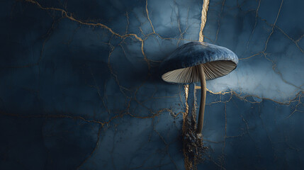 Blue poison mushroom on kintsugi marble surface