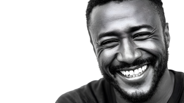 Portrait of a Happy Black and White Smiling Man with Bright Teeth Showing Joyful Expression Against a Black Background