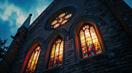 Church facade with stained glass windows