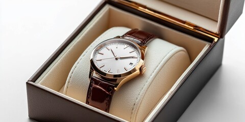 Classic wristwatch in gift box on white background
