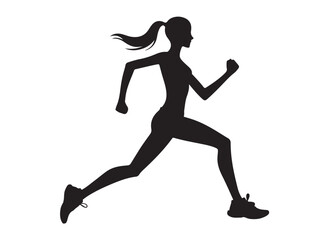running person logo silhouette vector, vector logo icon of a running young person, running woman black logo silhouette vector, young person jogging logo vector silhouette on white background 