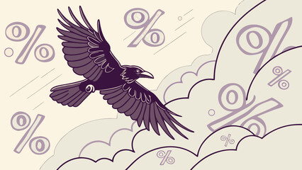 Obraz premium A solitary raven soars through a stylized sky filled with floating percentage symbols and abstract cloud shapes evoking a sense of financial or economic movement
