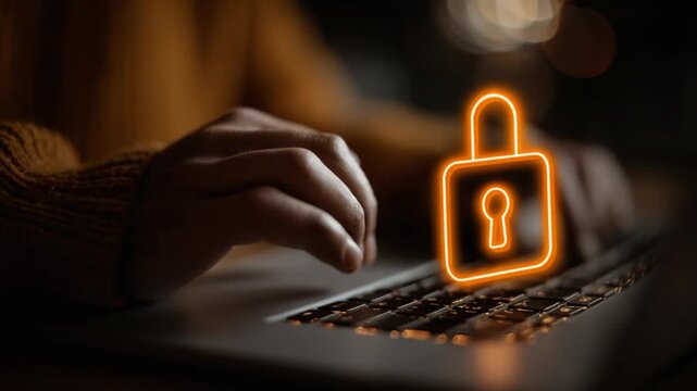 A person types on a laptop. A glowing orange padlock is superimposed, suggesting data security. Hands and keyboard are in focus