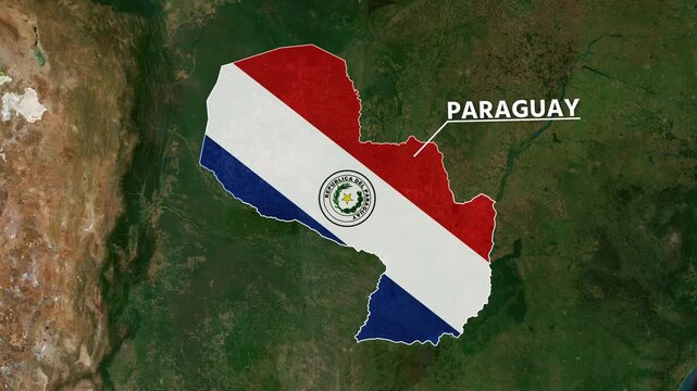 Zoom from Earth to Paraguay. (Country Flag) World map animation with highlighted country borders. Satellite 3d world map animation highlights aerial views, tourism, and travel. 4k
