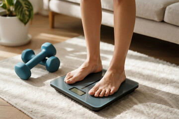 Fototapeta premium Person Standing on Digital Scale with Dumbbells in Living Room