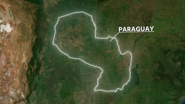 Zoom from Earth to Paraguay. Glow outline map animation satellite view with highlighted country borders. Cinematic documentary 3d world map animation highlights aerial views, tourism, and travel. 4k