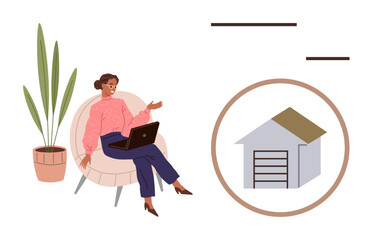 Woman seated in a modern chair using a laptop, speaking while gesturing toward a garage icon. Ideal for remote work, home planning, real estate, housing, innovation, communication, simple flat