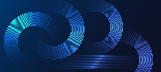 Circular line pattern on dark blue background with abstract geometric shapes