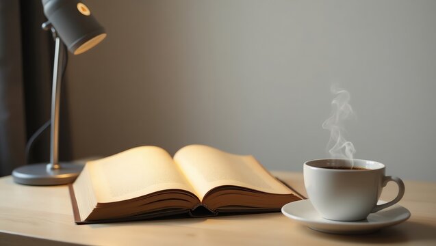 Cozy evening study session with an illuminated book and a steaming cup of coffee
