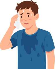 Man wiping sweat with napkin. Guy sweating a lot.  Boy with sweaty clothes. Vector illustration