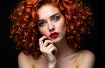 Fototapeta premium A woman with vibrant red curly hair and striking makeup poses against a dark background