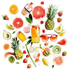 Vibrant fruit and drink assortment, a colorful, healthy feast