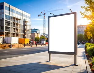 Large horizontal empty banner on metal support in city sidewalk