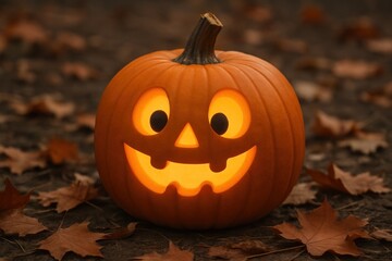 Fototapeta premium Glowing jack-o'-lantern amidst leaves.