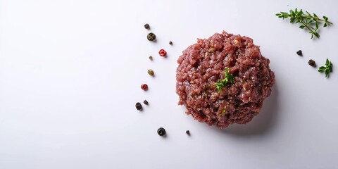 Close-up of textured minced meat steak on white background