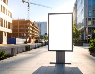 Naklejka premium Large horizontal empty banner on metal support in city sidewalk