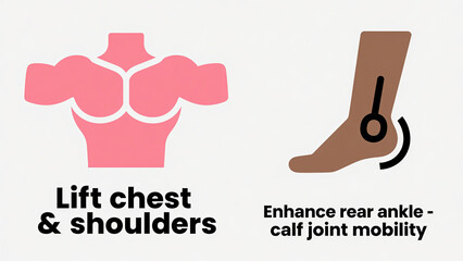Fototapeta premium The pink torso and ankle icons represent lifting the chest and shoulders, enhancing ankle calf joint flexibility, and are used for fitness and rehabilitation scenarios.