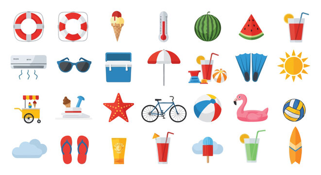 Vector illustration of assortment of summer vacation and beach activity icons