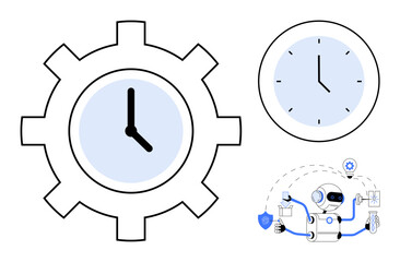 Clock inside gear symbolizing time management paired with robot handling tasks, showcasing automation and productivity. Ideal for technology, AI, workflow optimization, time tracking, task