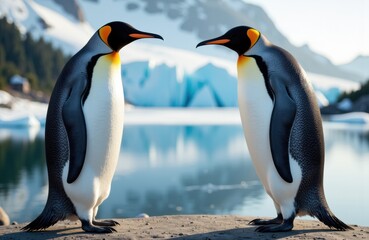 Fototapeta premium Two penguins standing on sandy ground near water with icebergs in the background