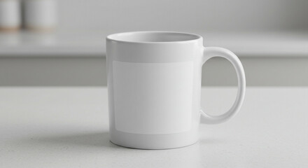 Obraz premium Close-up of white cup with blank label, kitchen countertop background
