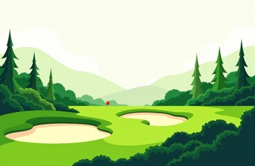 Obraz premium A scenic golf course with sand traps surrounded by lush trees and rolling hills