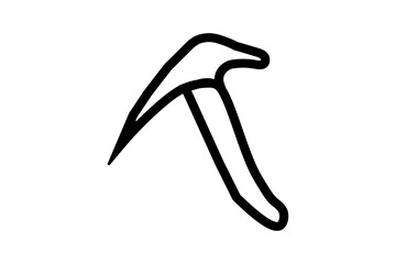 Fototapeta premium The image displays a simple, black outline drawing of a pickaxe. The tool features a curved handle and a head with two distinct ends: one sharp and pointed, and the other broader.
