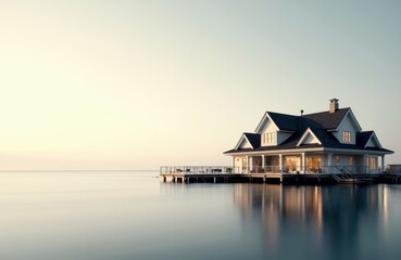 A house on a pier extending into calm water under a clear sky