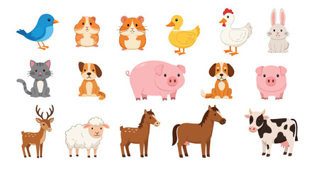 Fototapeta premium Vector illustration of collection of cute farm and pet animals isolated on white background