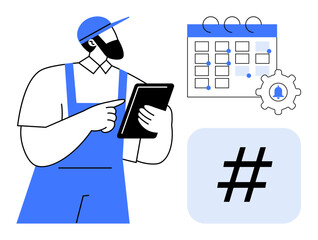 Worker in uniform uses tablet near a task calendar featuring a bell icon and a large metadata tag. Ideal for task management, planning, organization, teamwork, digital tools, productivity, simple