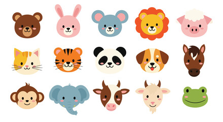 Vector illustration of set of cute cartoon animal faces isolated on white background