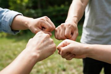 Group of Young People Joining Fists Together in Outdoor Setting